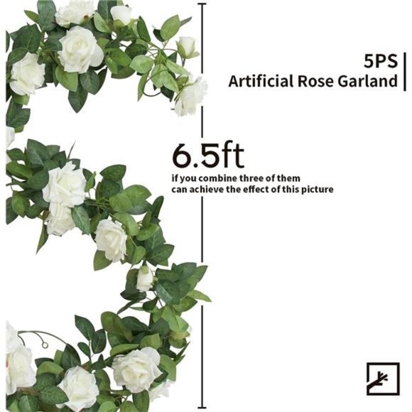 5Pcs 32.5FT White Flower Rose Garland Fake Vines Faux Artificial Floral Garland - Picture 3 of 6
